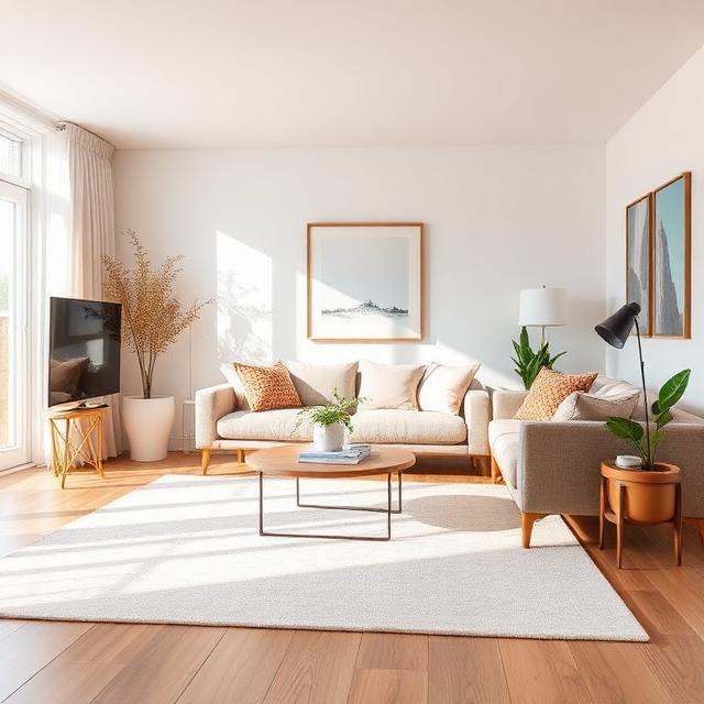 Living room with light area rug, airy decor, spring colors, modern interior
