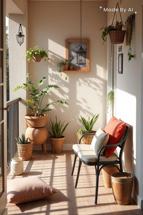 Small balcony with spring decor, cushions, plants, sunlight