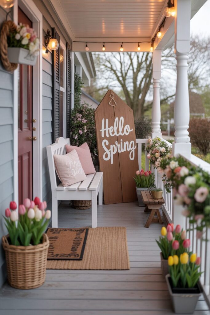 Full porch with seasonal sign, bench next to door, flowers in corners, heading text visible.