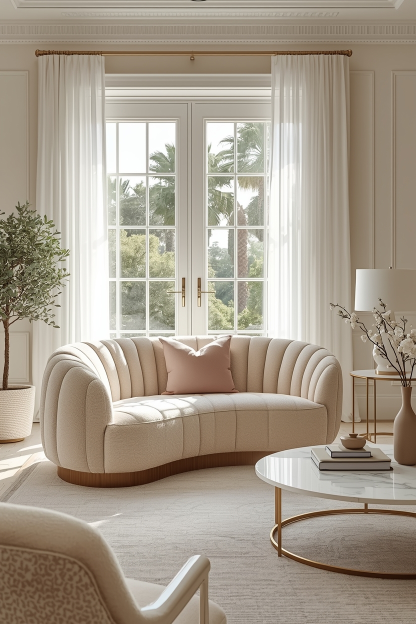 a bright luxury living room featuring a curved cloud shaped bouclé sofa 