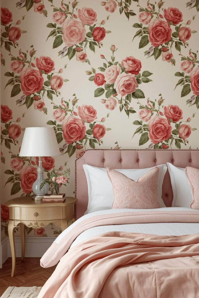 20 Elegant Floral Wallpaper Ideas to Upgrade Your Home Décor Bedroom with classic rose wallpaper in soft pink and red tones