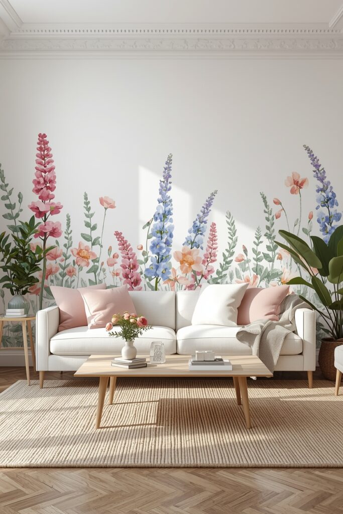 20 Elegant Floral Wallpaper Ideas to Upgrade Your Home Décor Ice blue bedroom with watercolor hydrangea mural