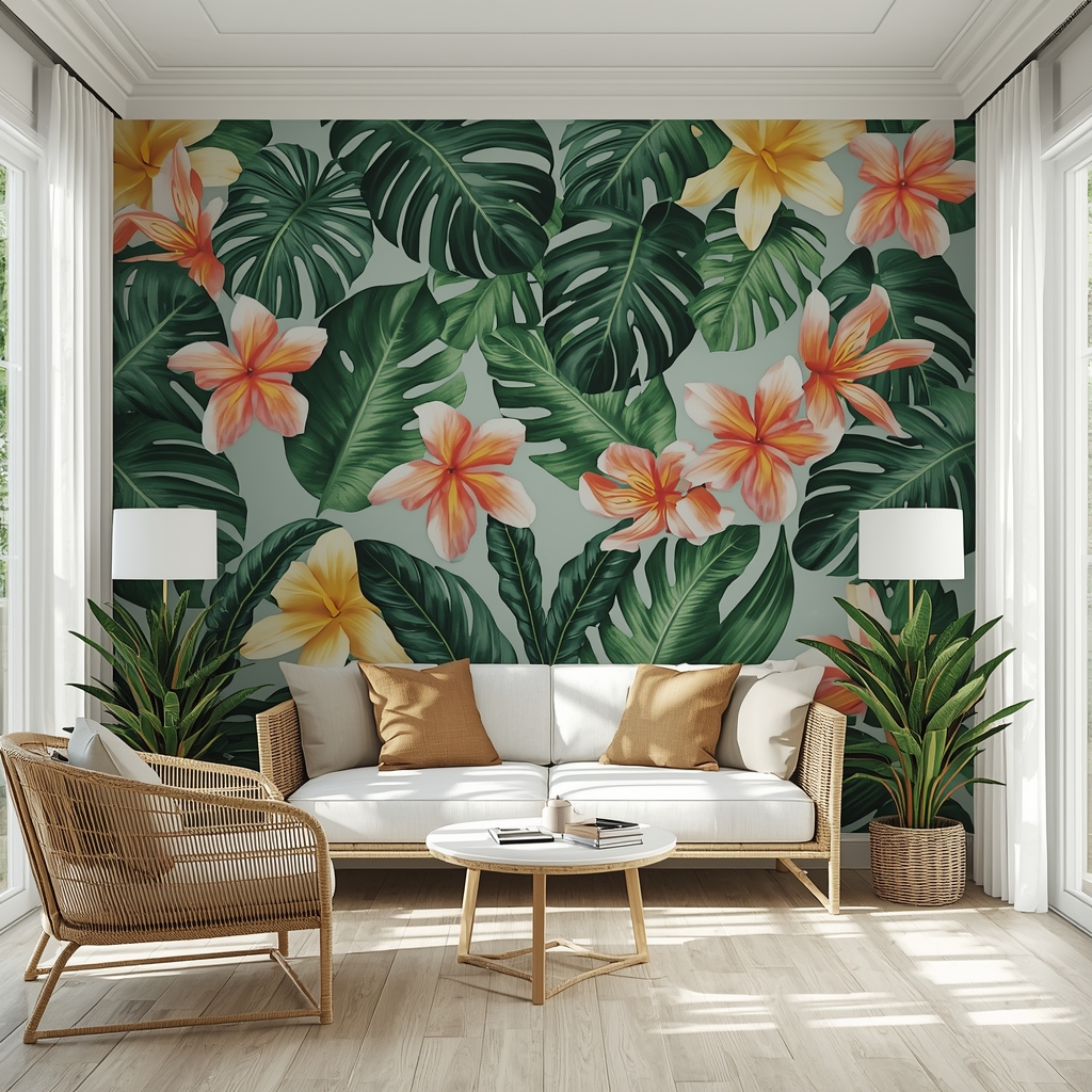 20 Elegant Floral Wallpaper Ideas to Upgrade Your Home Décor Bright sunroom with tropical monstera and floral wallpaper
