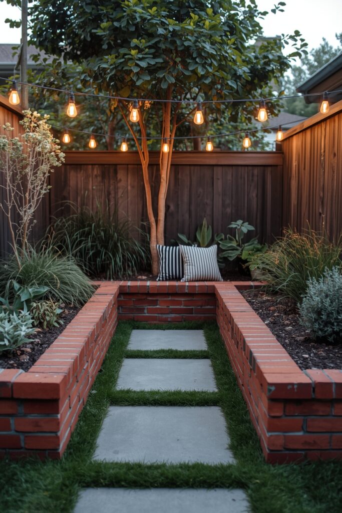 22 Raised Bed Border Ideas for a Fresh Look Compact backyard with brick raised bed border and corner seating.
