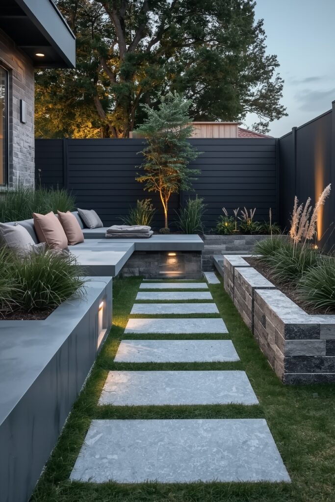 22 Raised Bed Border Ideas for a Fresh Look Small modern yard with gabion stone raised bed border and seating.