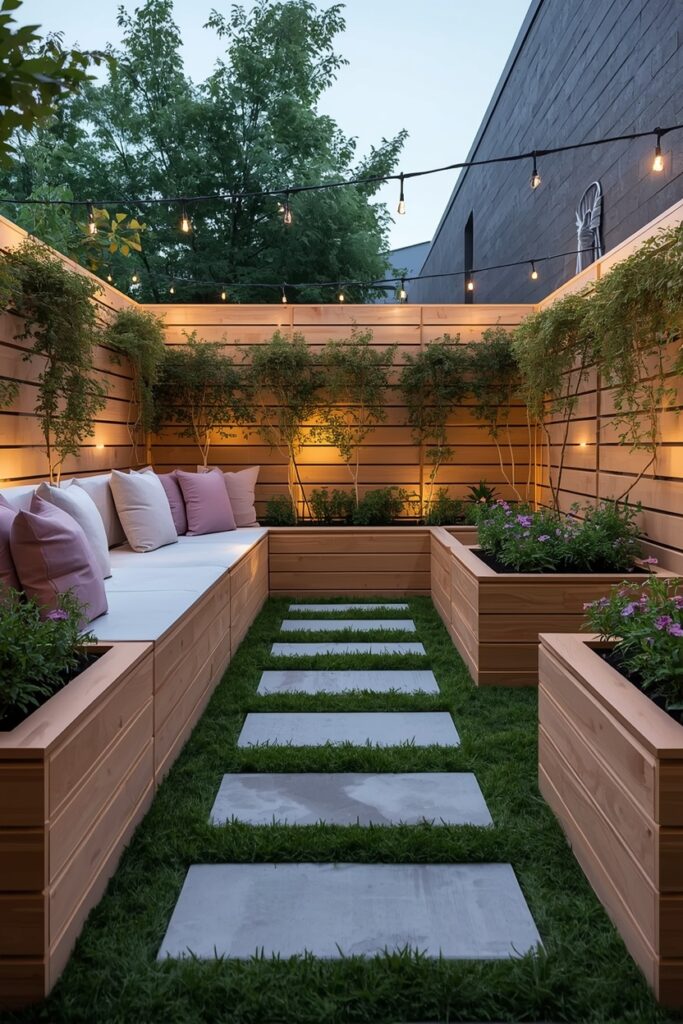 22 Raised Bed Border Ideas for a Fresh Look Small wood raised bed border with built-in bench seating.