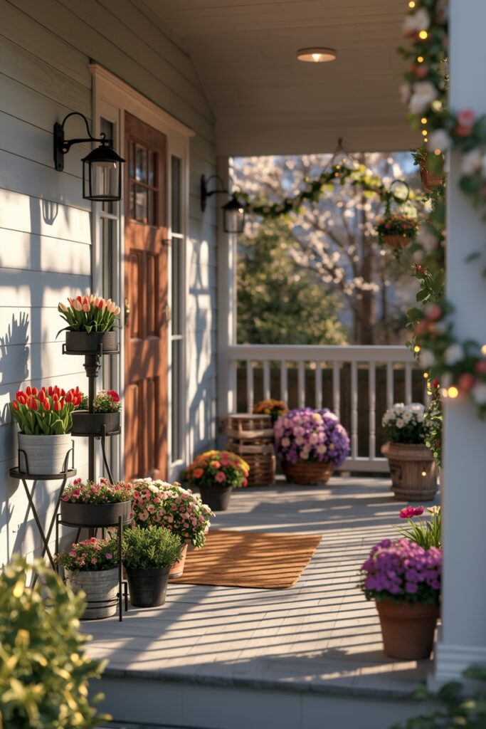 Full porch with tiered plant stand in corner and bench next to door, heading text visible.