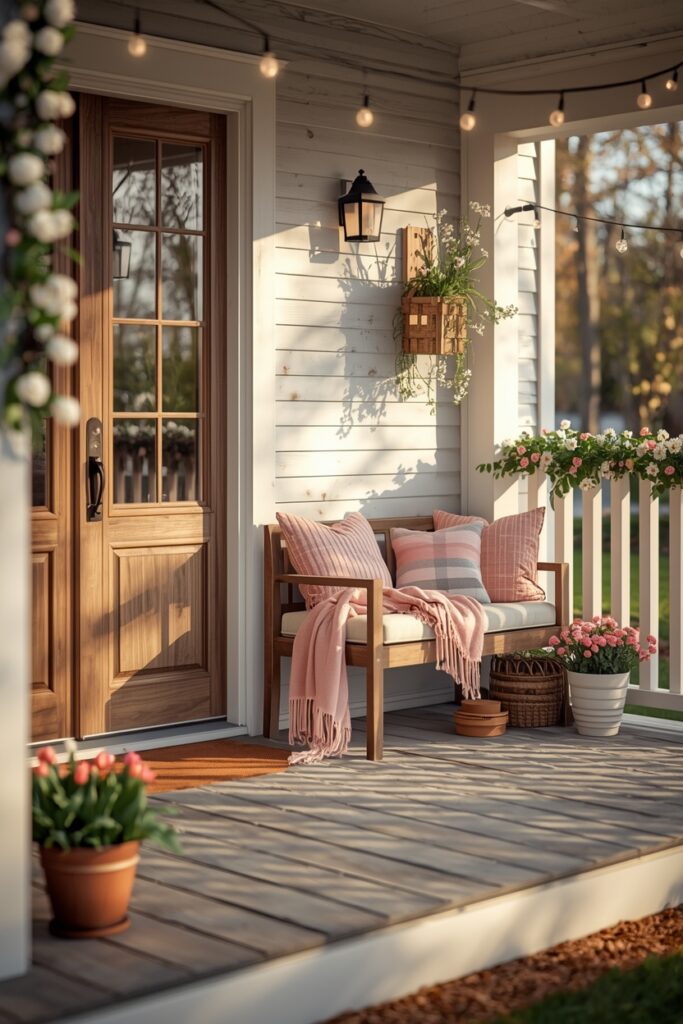 Full porch with bench and throw blanket, potted flowers in corners, heading visible.
