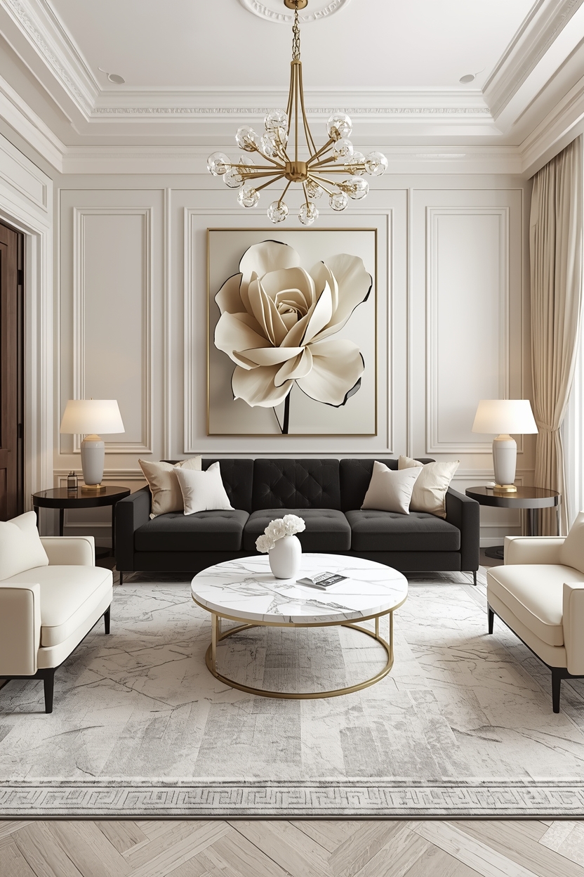 luxury modern living room interior symmetrical layout soft neutral color palette