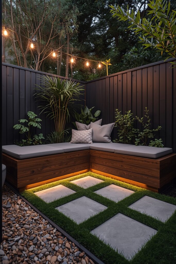 22 Raised Bed Border Ideas for a Fresh Look Small backyard with natural stone raised bed border and built-in wooden seating area.