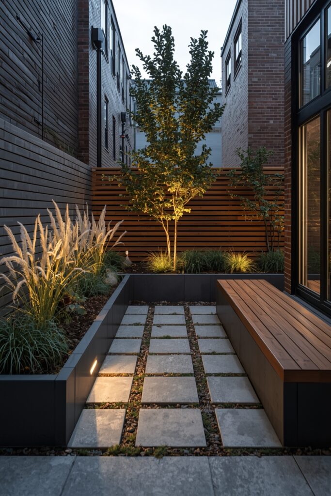 22 Raised Bed Border Ideas for a Fresh Look Modern small backyard with metal raised bed edging and seating.