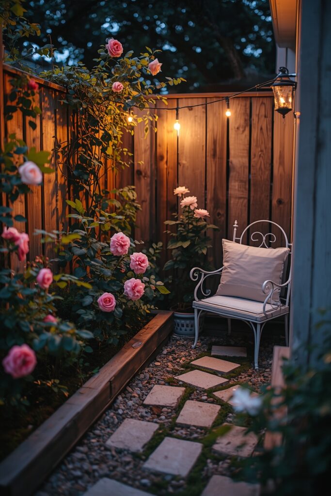 22 Raised Bed Border Ideas for a Fresh Look Small garden with wrought iron raised bed border and cozy seating.