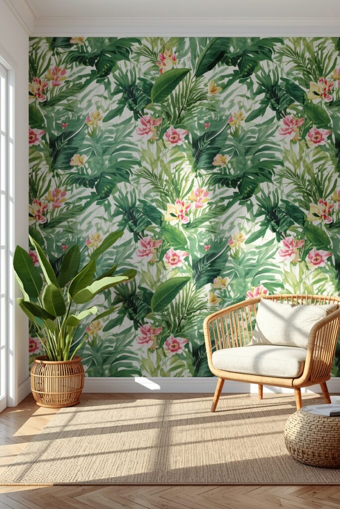 20 Elegant Floral Wallpaper Ideas to Upgrade Your Home Décor “Living room with tropical palm bloom wallpaper and greenery”