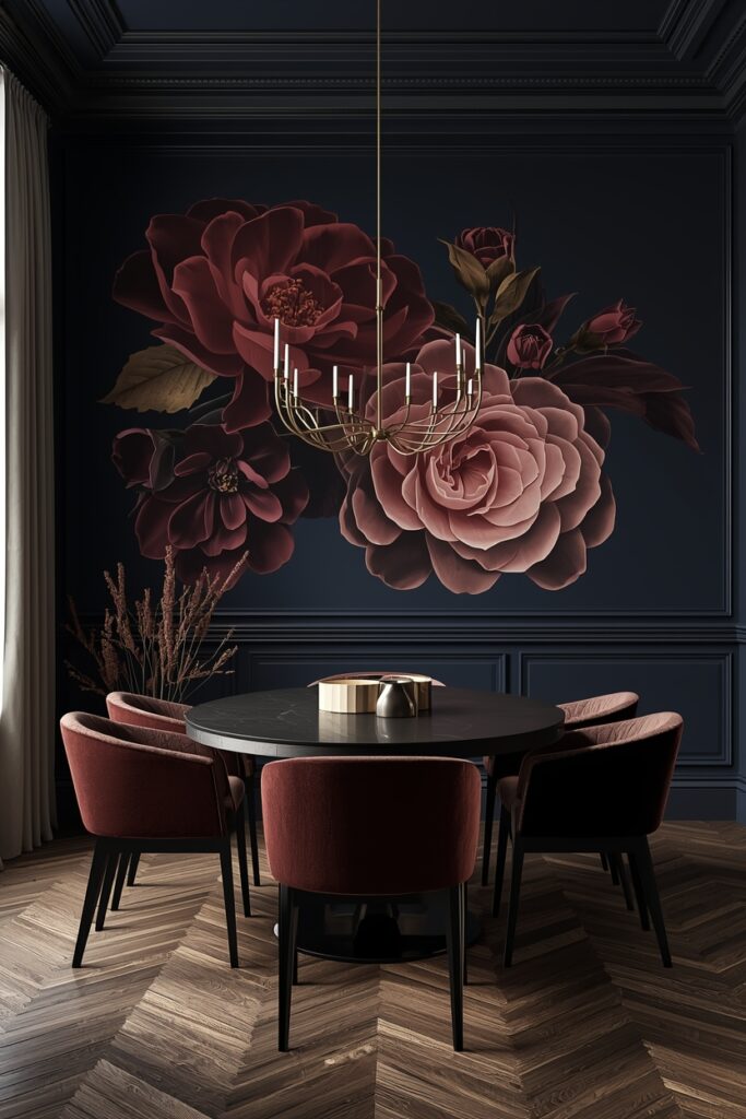 20 Elegant Floral Wallpaper Ideas to Upgrade Your Home Décor Luxury dining room with dramatic dark floral mural on navy wall