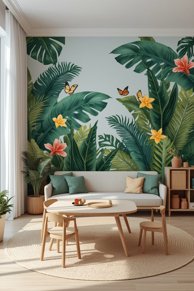 20 Elegant Floral Wallpaper Ideas to Upgrade Your Home Décor Playful bedroom with tropical jungle floral wallpaper and butterflies