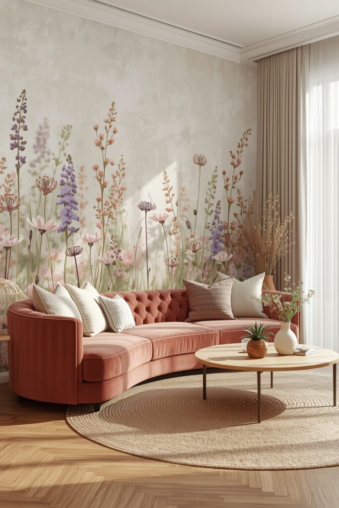 20 Elegant Floral Wallpaper Ideas to Upgrade Your Home Décor Neutral living room with soft meadow floral wallpaper and natural light