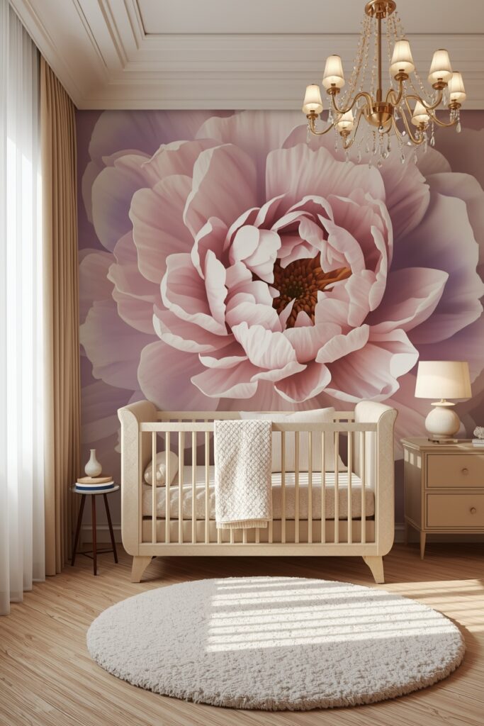 20 Elegant Floral Wallpaper Ideas to Upgrade Your Home Décor Nursery with 3D pastel peony wallpaper in pink, lavender and cream tones
