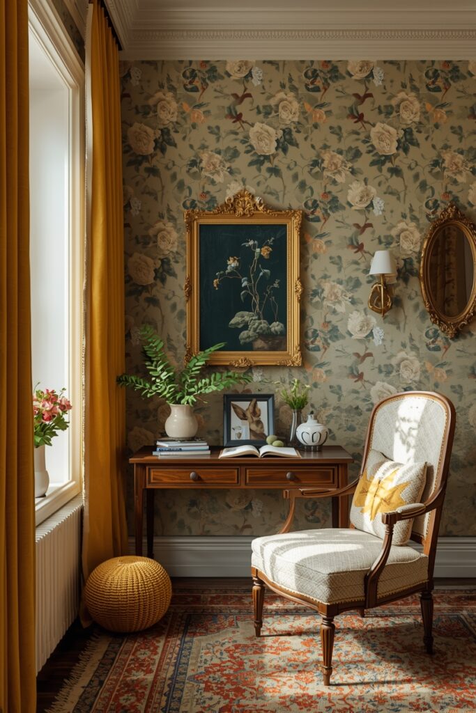 20 Elegant Floral Wallpaper Ideas to Upgrade Your Home Décor Elegant vintage botanical wallpaper in muted green and soft yellow tones with delicate floral illustrations, styled in a cozy reading nook with classic wooden furniture and warm natural lighting.