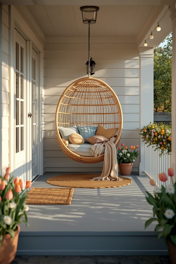 Full porch with pastel cushions on bench, flowers in corners, heading text visible.