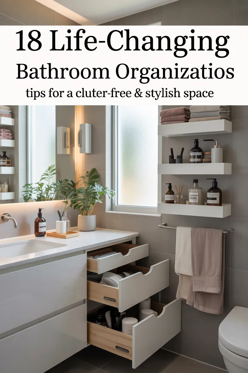 Neatly organized modern bathroom with towels, shelves, and storage solutions, showcasing 18 genius bathroom organization tips for a clutter-free space.”