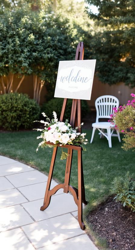 Elegant wedding welcome sign on wooden easel, floral arrangement around base, backyard garden setting, soft sunlight.