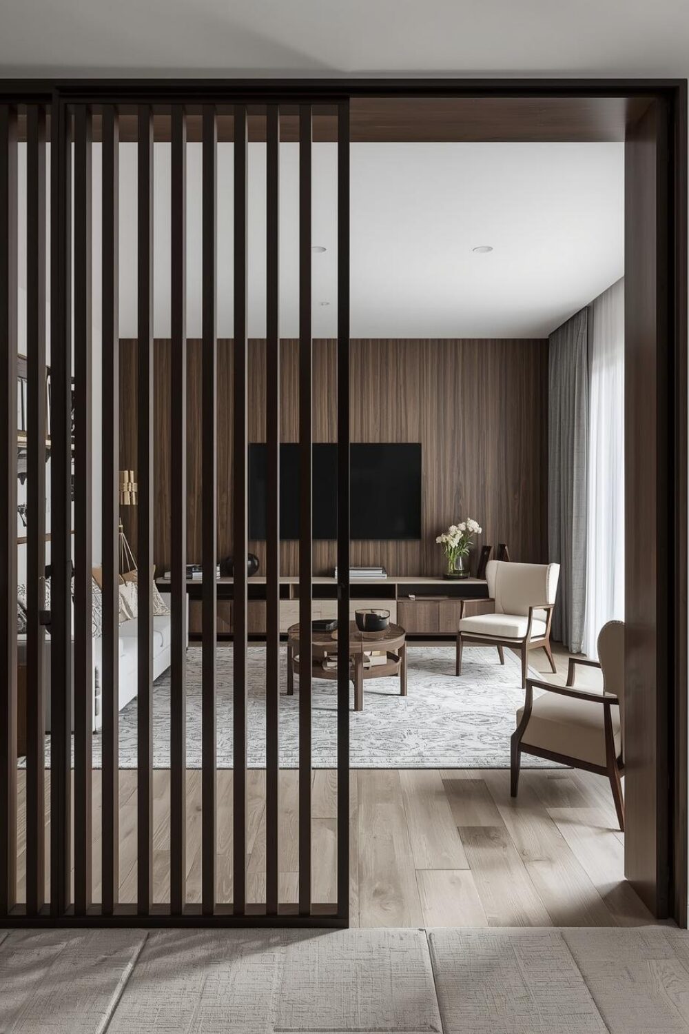 24 Living Room Partition Ideas for Modern Homes Elegant marble and wood arch partition in modern living room