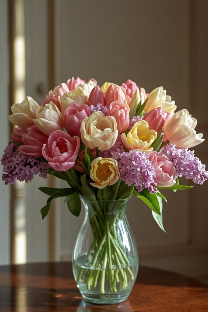 "Pastel tulip bouquet in a glass vase with soft pink, yellow, and lilac tulips on a bright table."