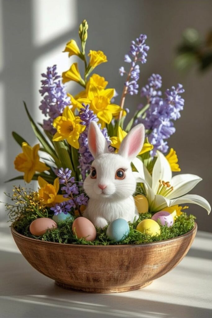 "Easter floral centerpiece with daffodils, lilies, and bunny figurine in a shallow bowl with moss and pastel eggs."