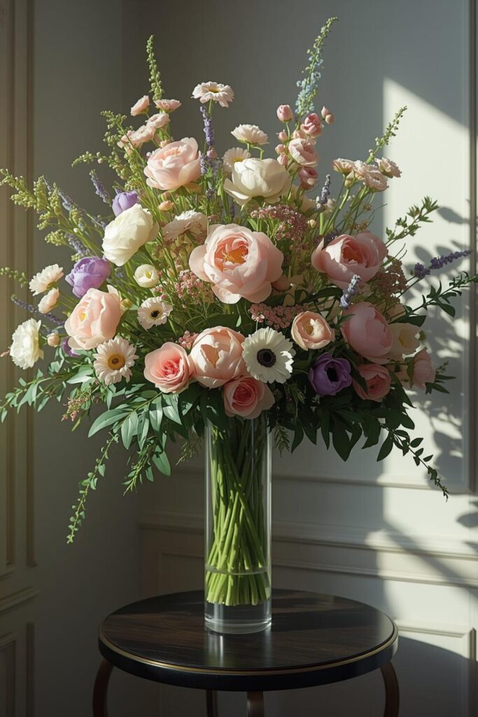 "Tall vase filled with peonies, ranunculus, anemones, and greenery in a spring garden arrangement."