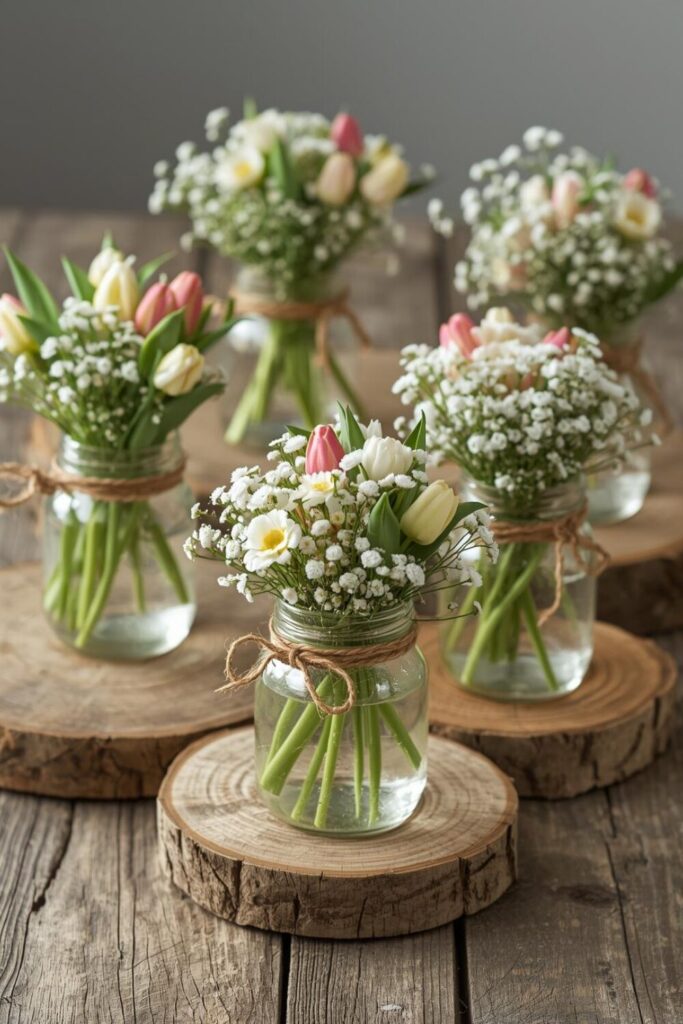 1Mini mason jars with pastel tulips and daisies tied with twine, arranged on a rustic table.