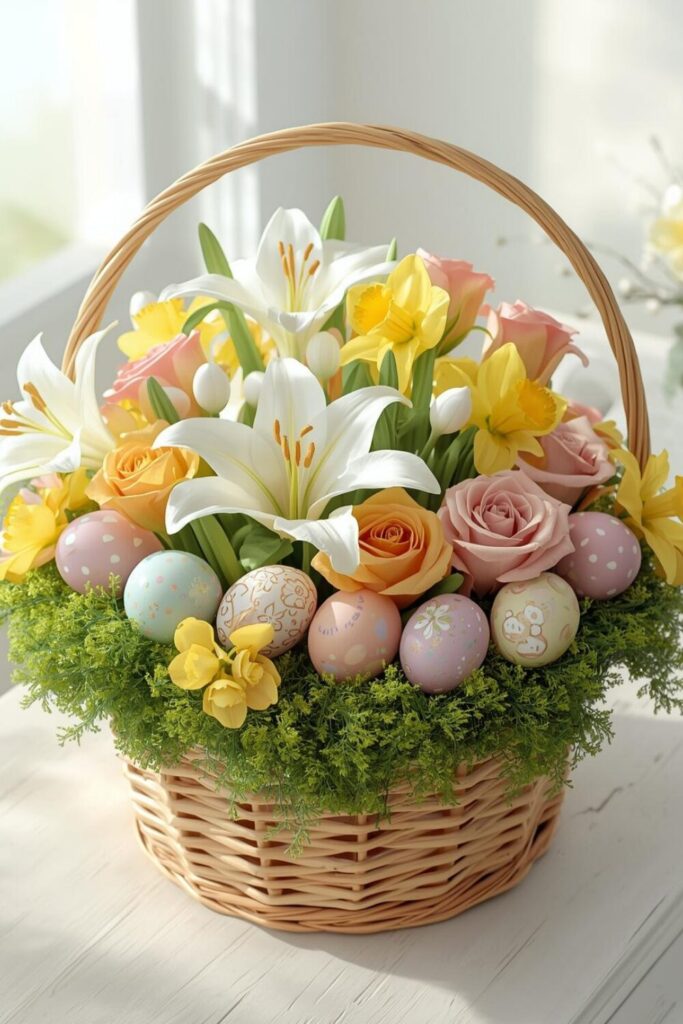 "Layered Easter basket with lilies, daffodils, roses, moss, and pastel eggs for festive decor."