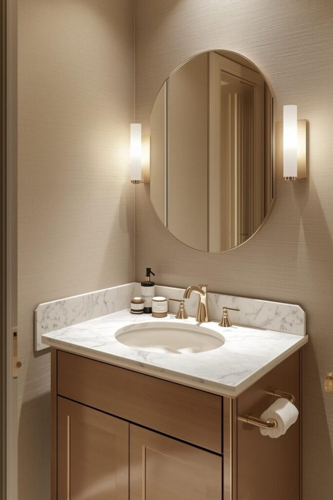 marble countertop powder room with gold faucet
