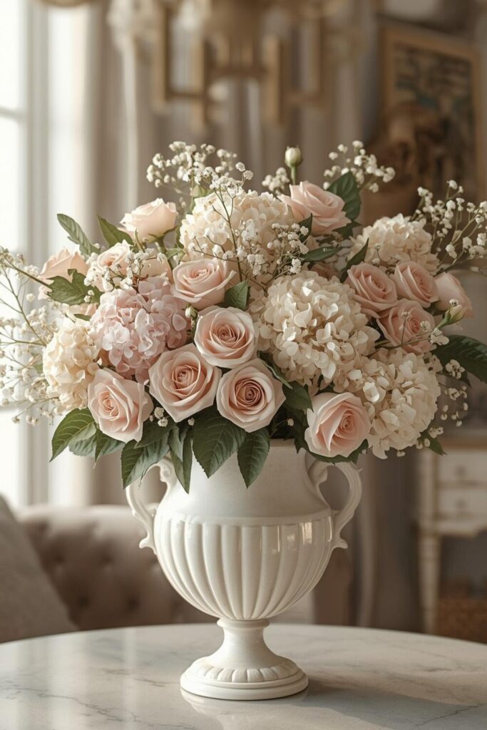 "Vase with pastel roses, hydrangeas, and baby’s breath in soft pink and cream tones."