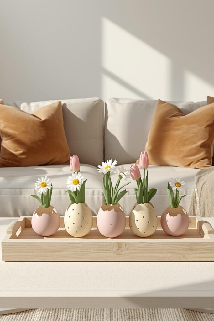 "Miniature Easter eggs used as vases for daisies and tulips on a wooden tray."