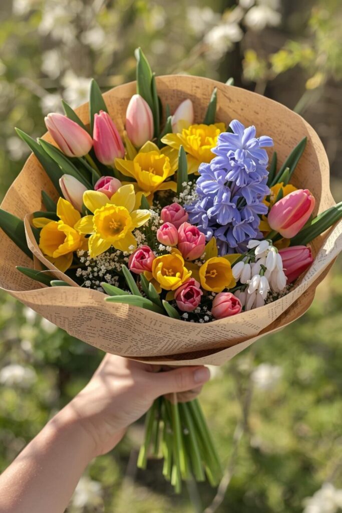 "Hand-tied spring bouquet of tulips, daffodils, hyacinths, and ranunculus in kraft paper."