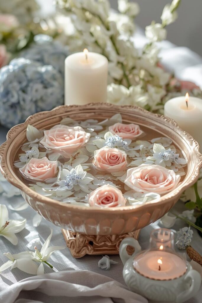 "Shallow bowl with floating pastel flowers and candles for Easter centerpiece."