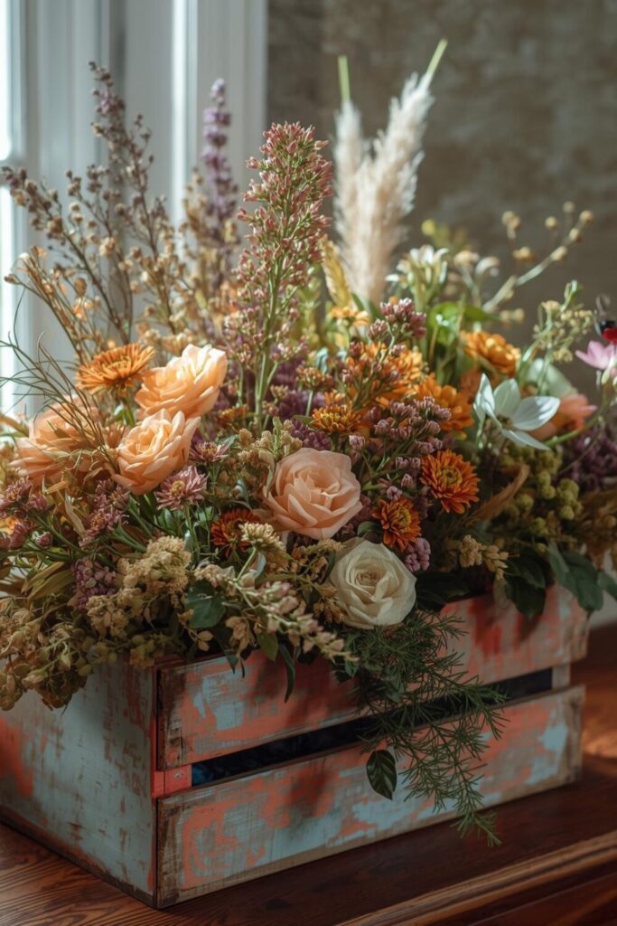 Rustic wildflower arrangement in wooden box with greenery and twigs."