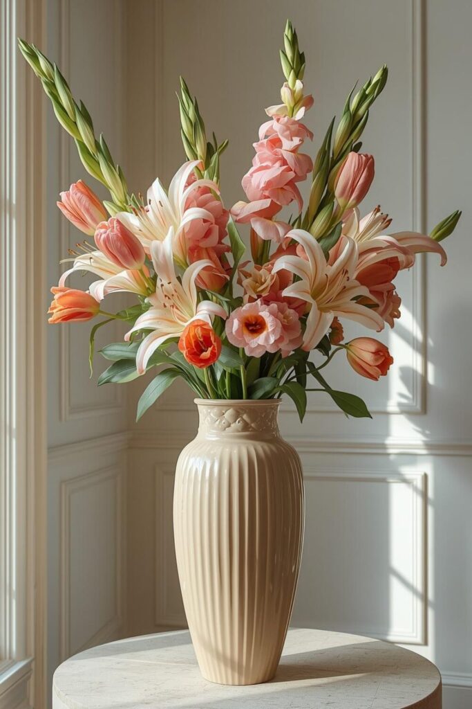 "Tall elegant vase with lilies, gladiolus, and tulips arranged for Easter."