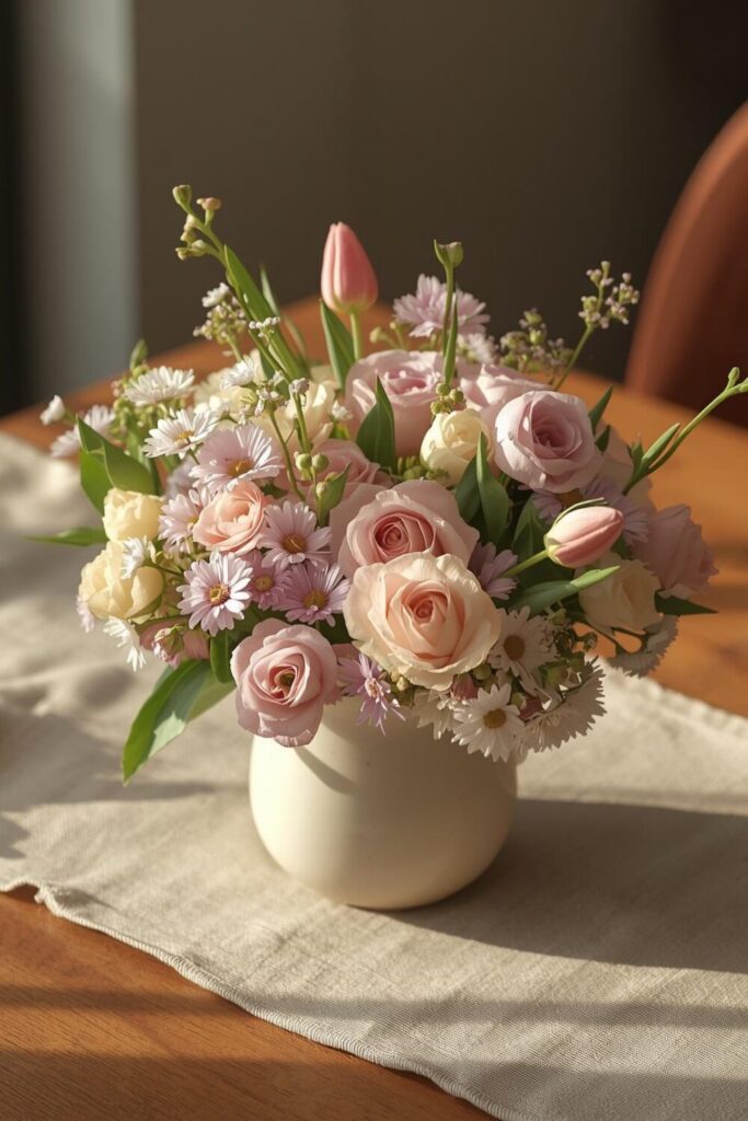 "Compact tabletop arrangement with pastel roses, tulips, and daisies."