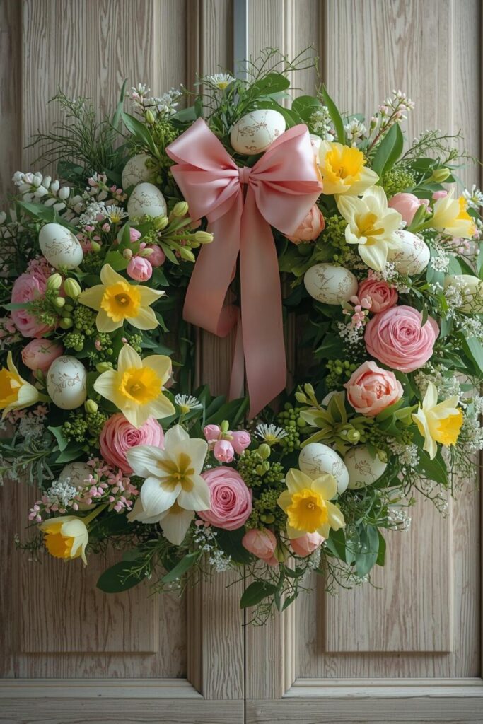 1"Easter wreath with pastel flowers, greenery, ribbons, and decorative eggs."