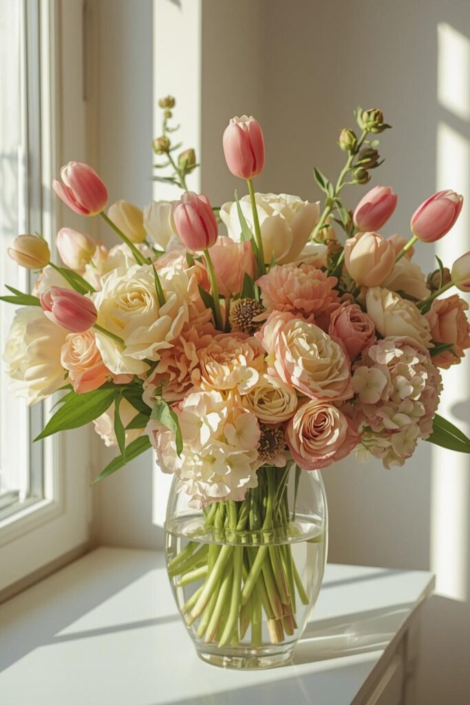 "Vase with vibrant pastel tulips, roses, ranunculus, and hydrangeas for Easter."