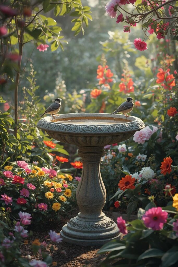 Classic stone bird bath surrounded by colorful flowers and lush greenery, with small birds perched playfully.
