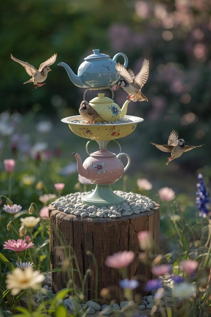 DIY bird bath made from upcycled teapots and bowls, with small birds landing, in a colorful garden setting.