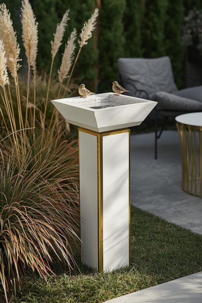 Modern minimalist concrete bird bath in a contemporary garden with ornamental grasses and perched birds.