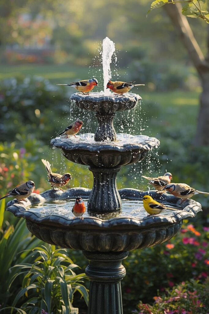 Solar-powered fountain bird bath with sparkling water, colorful birds bathing, in a lush sunlit garden.