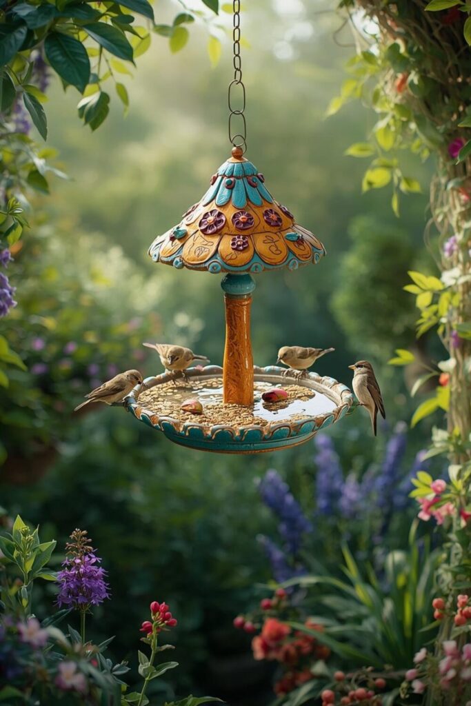 Hanging bird feeder with integrated water bath, birds perched, surrounded by flowers and greenery.