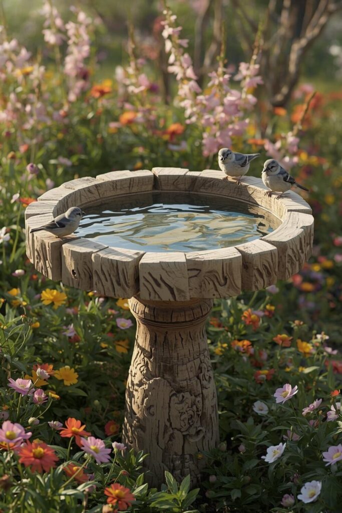 Rustic wooden bird bath in a colorful garden with small birds perched.