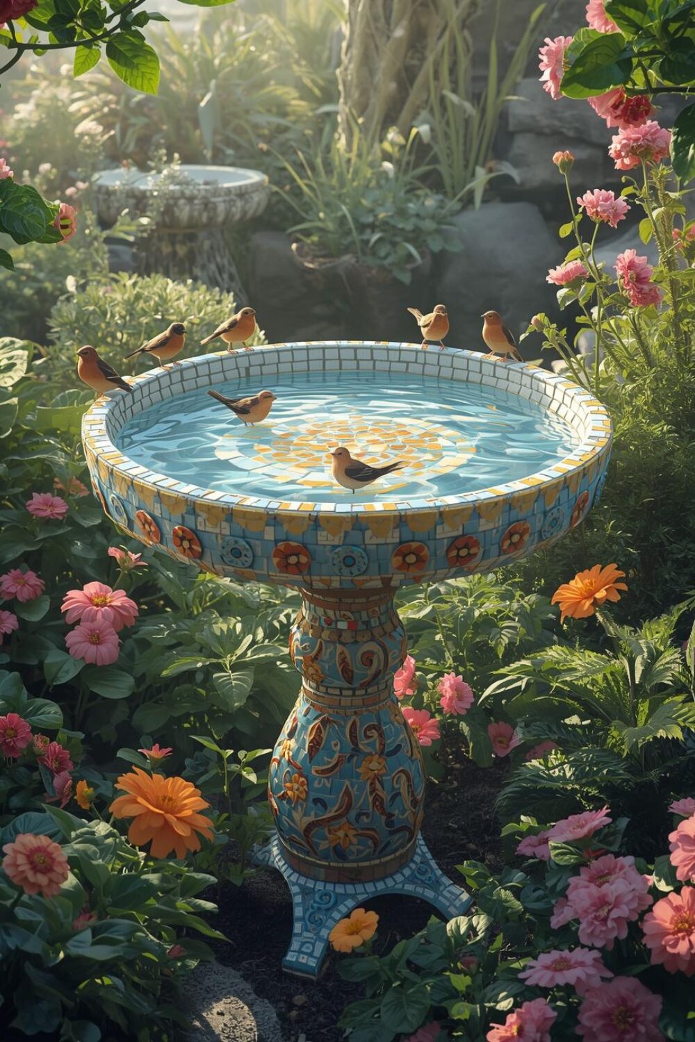 Mosaic bird bath with colorful tiles, small birds perched, sparkling water, surrounded by flowers.