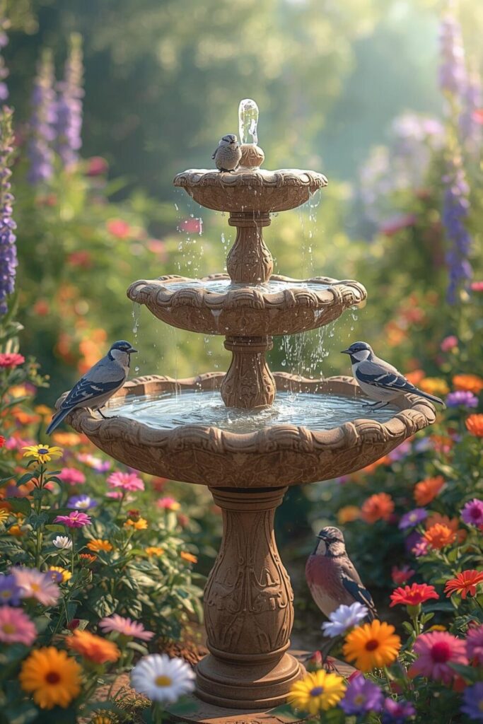 Multi-tiered cascading bird bath with birds of different sizes, sparkling water, surrounded by flowers.