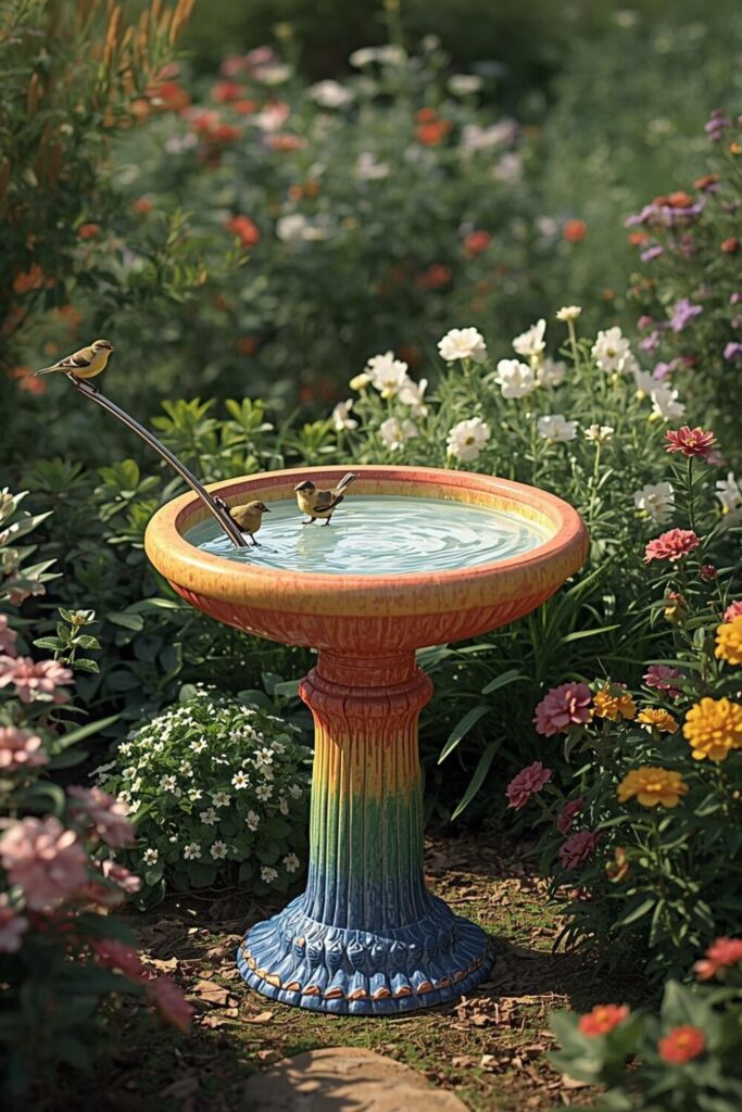 Bird bath integrated into planter, shallow water, colorful flowers, and perched birds.